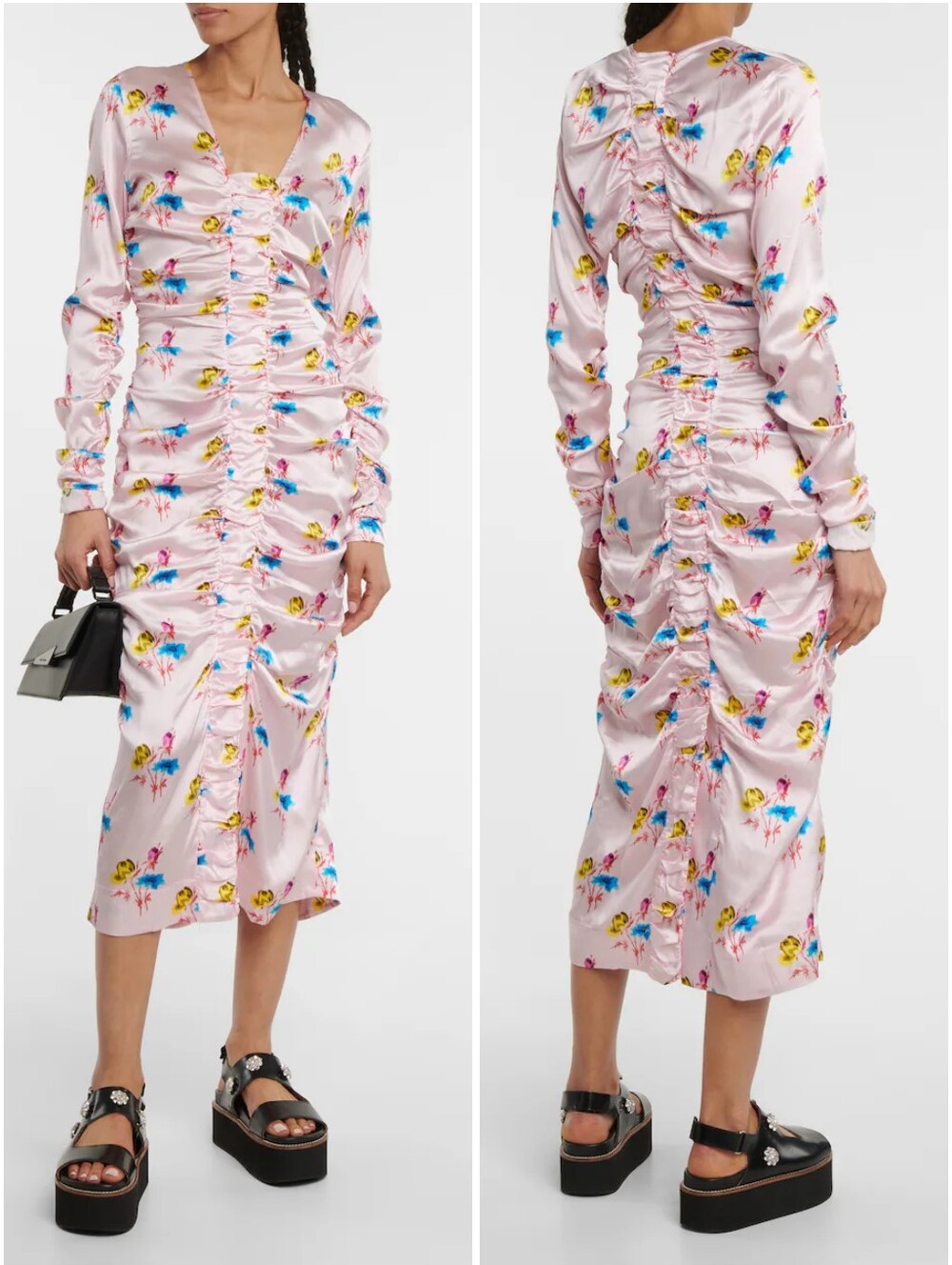 Ganni Ruched Floral Print Stretch Silk Satin Midi Dress 36/4 NWT New